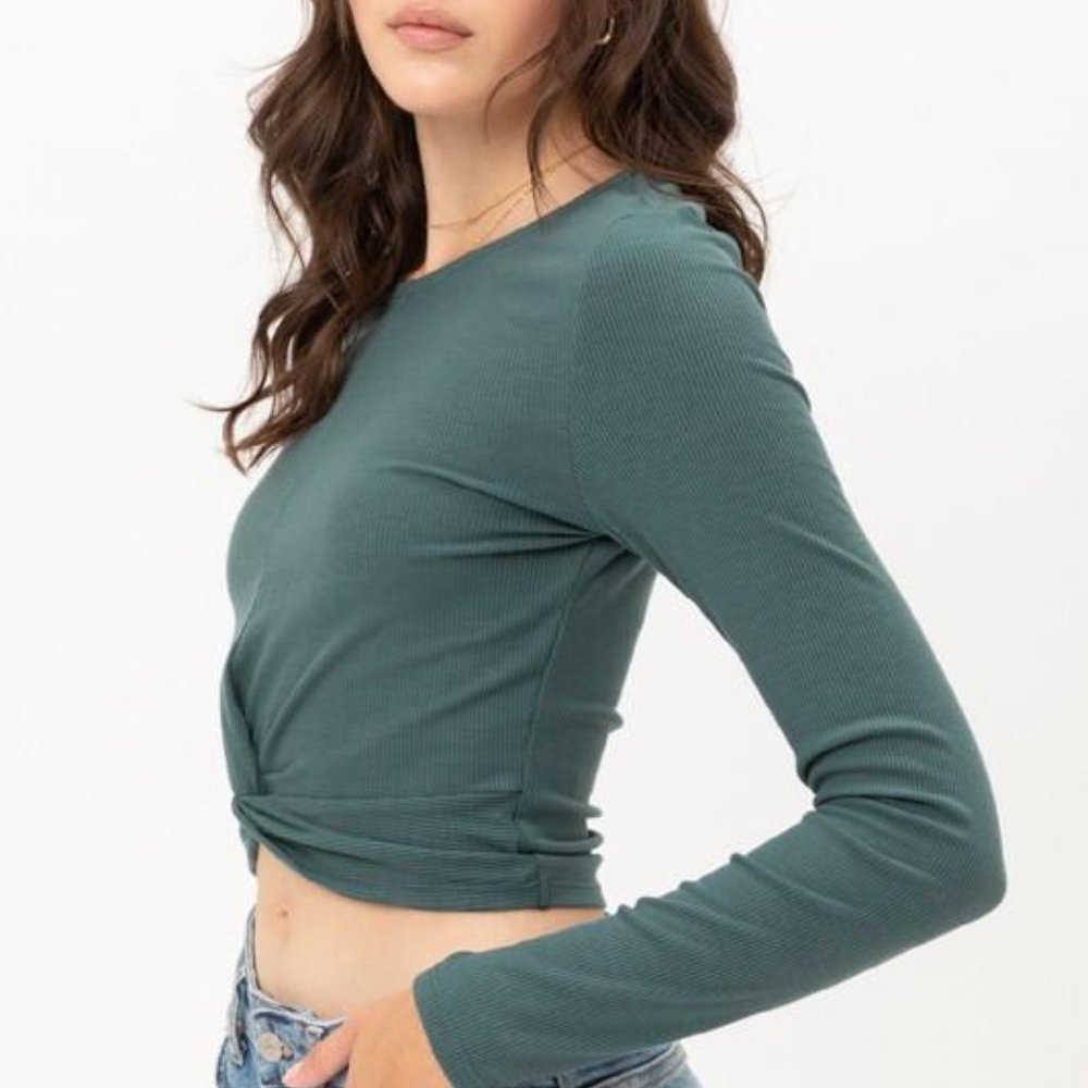 Women's Teal Ribbed Little knot Bottom Crop Tops - Picture 3 of 4